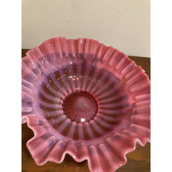 FENTON Cranberry Opalescent Striped Rose Overlay Ruffled Art Brides Bowl - Picture 8 of 16